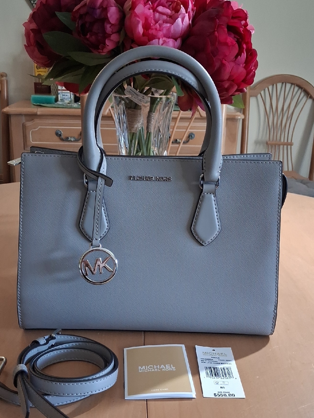 Michael Kors Gray Saffiano Leather Satchel with MK Charm